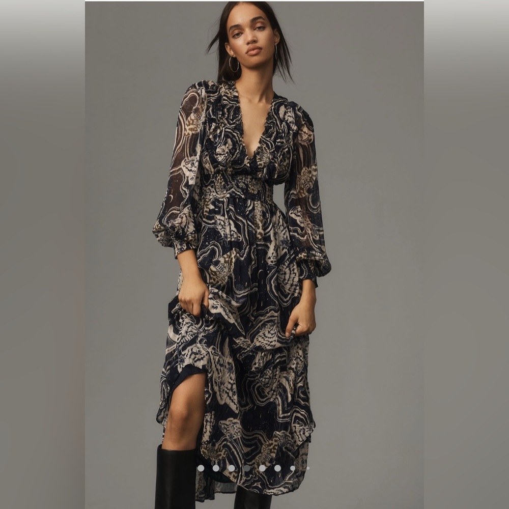 Anthropologie Printer Johnson Dark Blue and Cream Long Sleeve Dress
